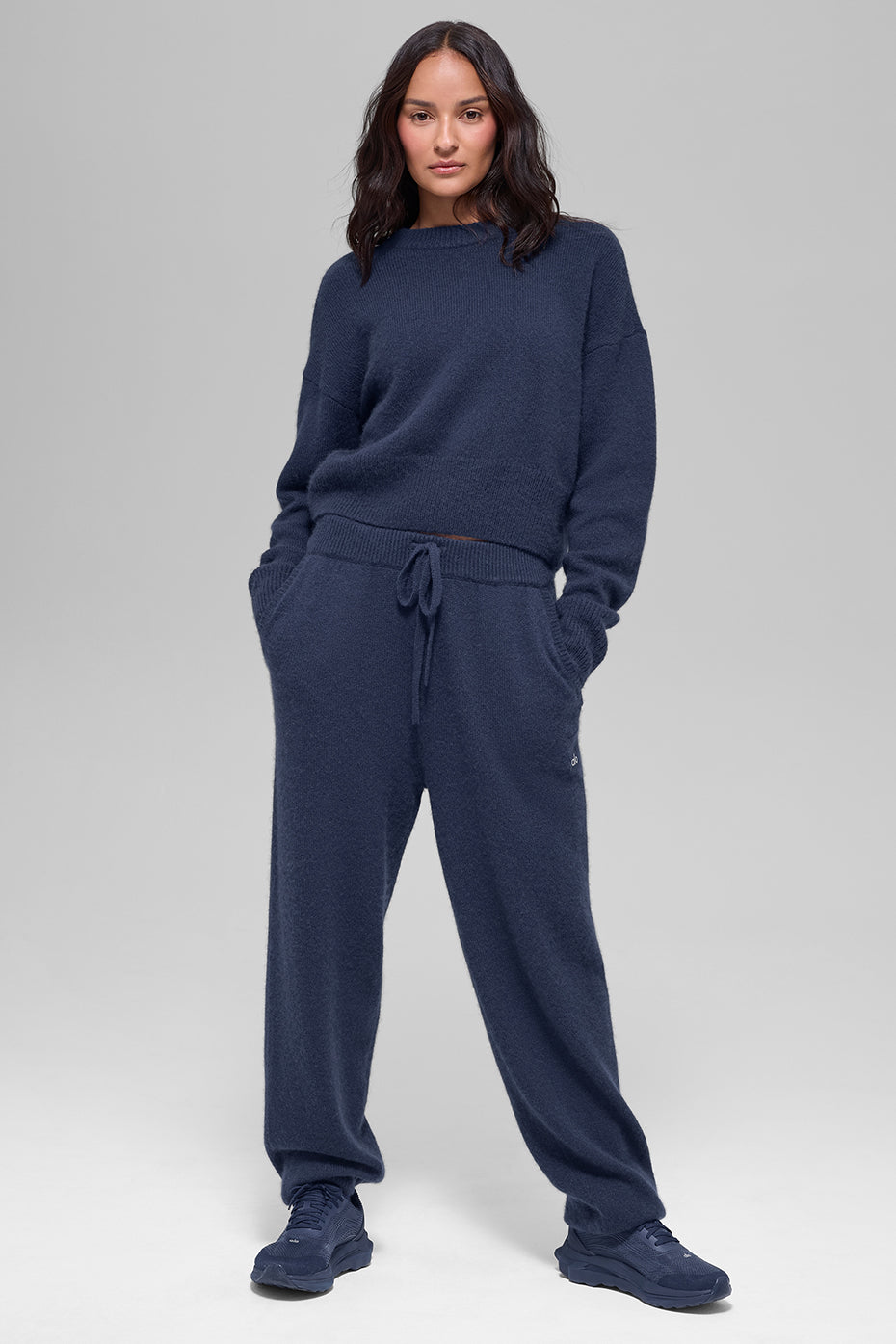 Wool Cashmere Cropped New Class Crewneck Sweater - Navy