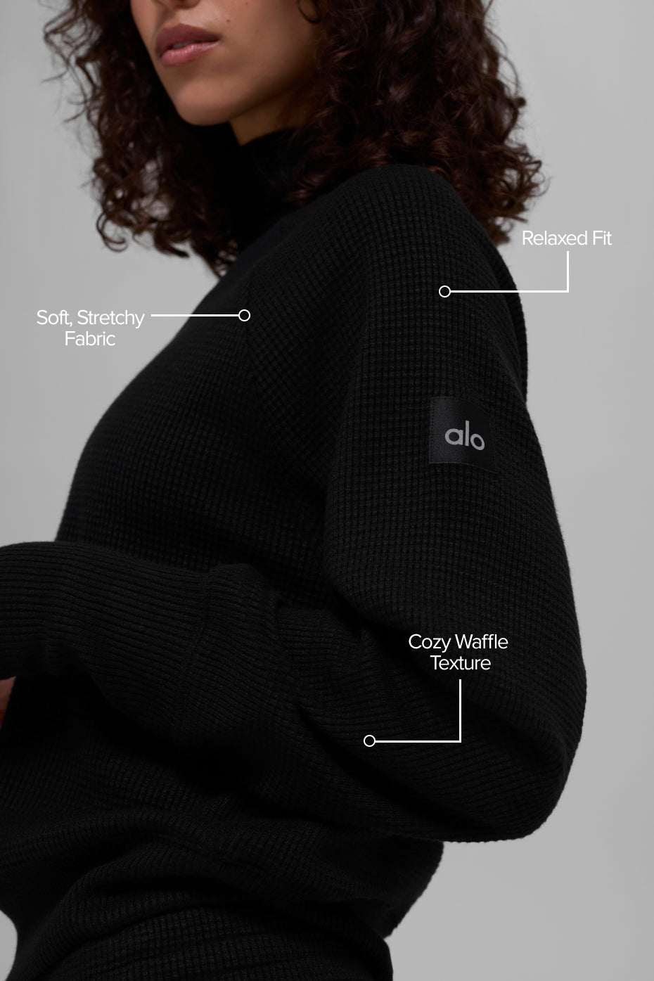 Waffle Weekend Escape Mock Neck Long Sleeve - Black